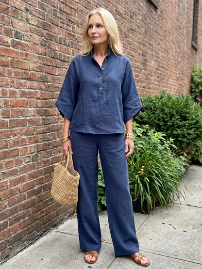 Conjunto de túnica con botones y pantalones holgados